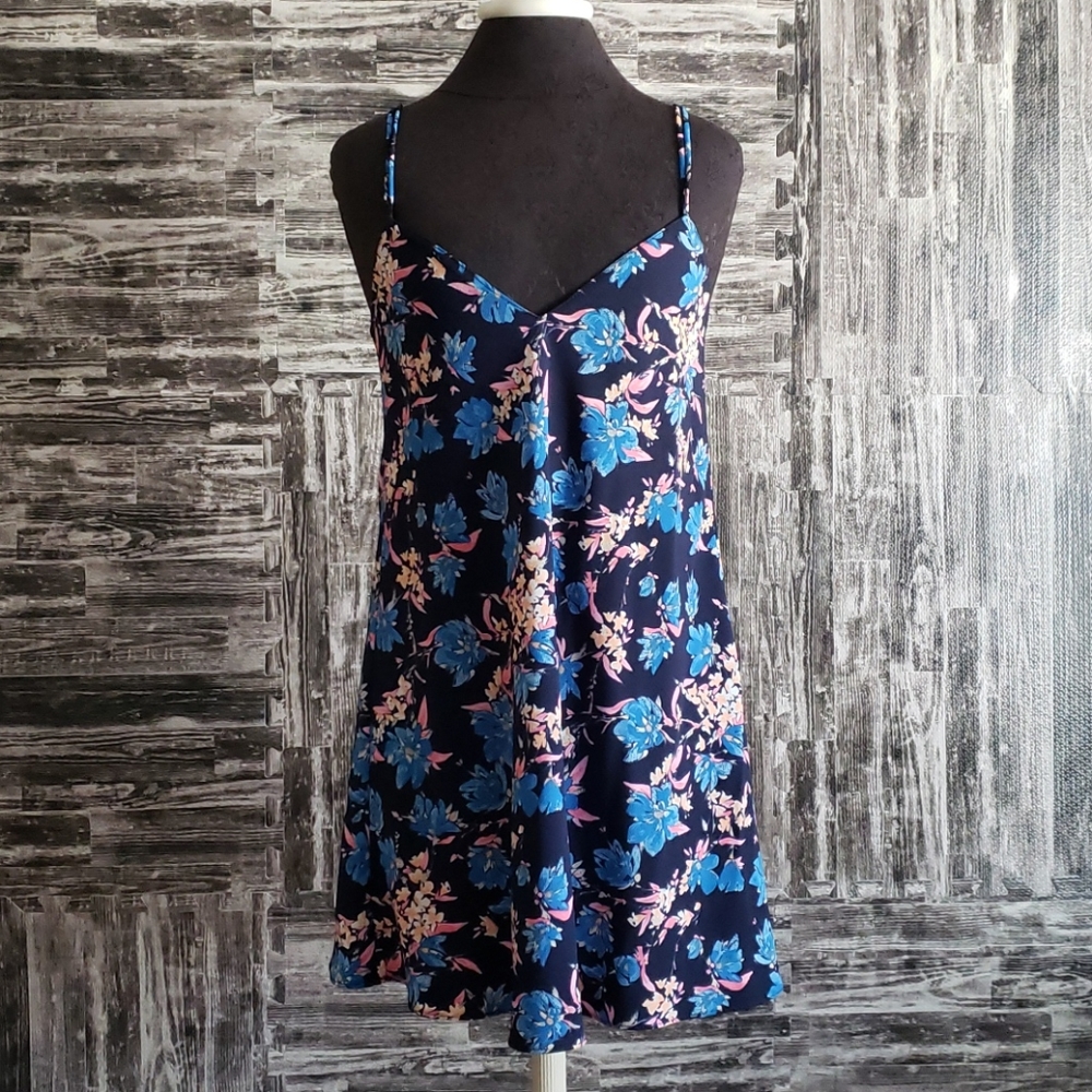 Zara Trafaluc Navy Floral strappy A line dress SM